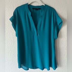 Cynthia Steffe Teal Blouse L Split Neck Short Sleeve Silk Blend Top